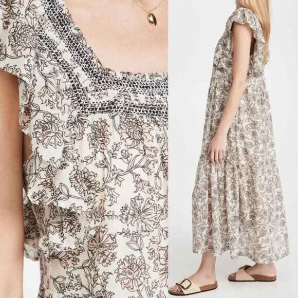 FREE PEOPLE BONITA MIDI DRESS FLORAL TEA COMBO BLUSH BEIGE BLACK L NWT - Picture 3 of 12